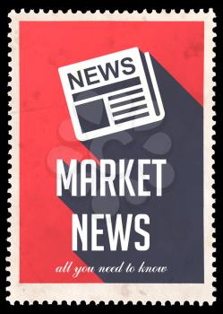 Market News on Red Background. Vintage Concept in Flat Design with Long Shadows.