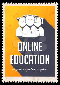 Online Education on Yellow Background. Vintage Concept in Flat Design with Long Shadows.