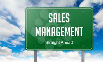 Highway Signpost with Sales Management wording on Sky Background.