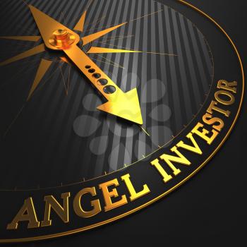 Angel Investor - Business Concept. Golden Compass Needle on a Black Field.