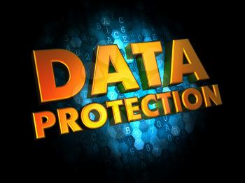 Data Protection - Golden Color Text on Dark Blue Digital Background.