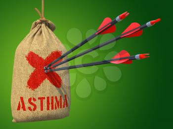 Asthma - Three Arrows Hit in Red Mark Target on a Hanging Sack on Grey Background.