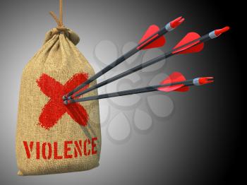 Violence - Three Arrows Hit in Red Mark Target on a Hanging Sack on Grey Background.