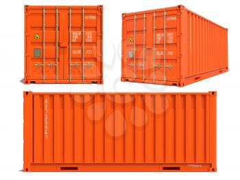 Orange Cargo Container in Three Dimensions Isolated on White Background.