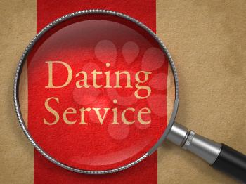 Dating Service through Magnifying Glass on Old Paper with Red Vertical Line.