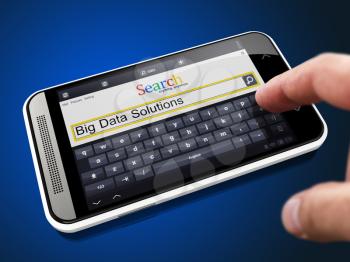 Big Data Solutions in Search String - Finger Presses the Button on Modern Smartphone on Blue Background.