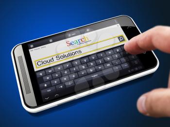 Cloud Solutions - Request in Search String. Finger Pressing the Button on Modern Smartphone on Blue Background.