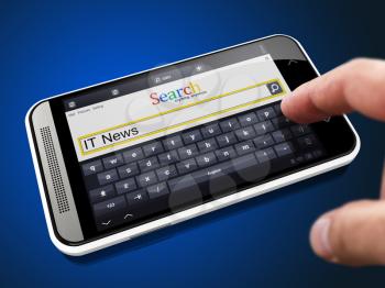 IT News in Search String - Finger Presses the Button on Modern Smartphone on Blue Background.