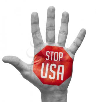 Stop USA Sign Painted - Open Hand Raised, Isolated on White Background.