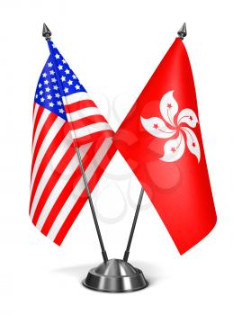 USA and Hong Kong - Miniature Flags Isolated on White Background.