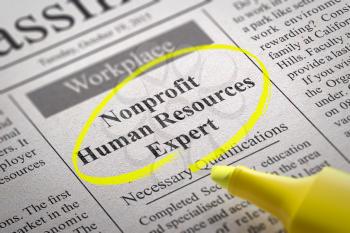 Nonprofit Human Resources Expert Vacancy in Newspaper. Job Search Concept.