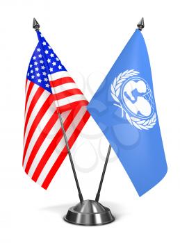 USA and UNICEF - Miniature Flags Isolated on White Background.