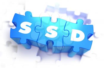 SSD - White Word on Blue Puzzles on White Background. 3D Render. 