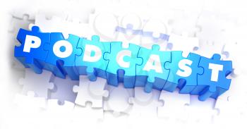 Podcast - Text on Blue Puzzles on White Background. 3D Render. 