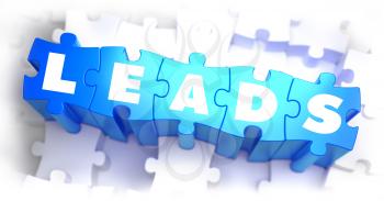 Leads - White Word on Blue Puzzles on White Background and Selective Focus. 3D Render. 