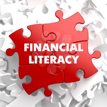 Financial Literacy on Red Puzzle on White Background.