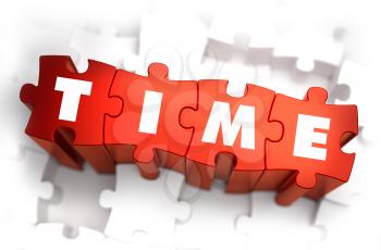 Time - White Word on Red Puzzles on White Background. 3D Illustration.