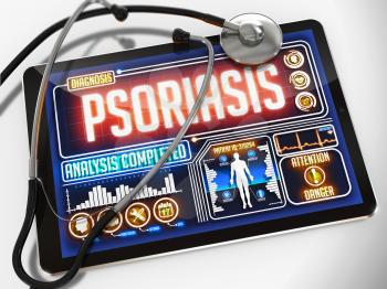 Psoriasis - Diagnosis on the Display of Medical Tablet and a Black Stethoscope on White Background.