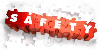 Safety - White Word on Red Puzzles on White Background. 3D Render. 
