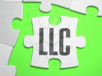 LLC - Limited Liability Company - Jigsaw Puzzle with Missing Pieces. Bright Green Background. Close-up. 3d Illustration.