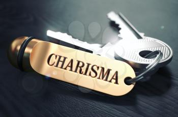 Charisma Concept. Keys with Golden Keyring on Black Wooden Table. Closeup View, Selective Focus, 3D Render. Toned Image.