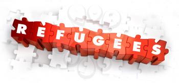 Refugees - White Word on Red Puzzles on White Background. 3D Render. 