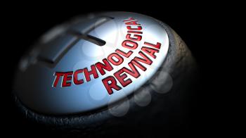 Technological Revival. Gear Shift with Red Text on Black Background. Selective Focus. 3D Render.