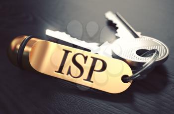 ISP - Internet Service Provider - Concept. Keys with Golden Keyring on Black Wooden Table. Closeup View, Selective Focus, 3D Render. Toned Image.