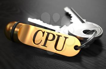 CPU - Central Processing Unit - Concept. Keys with Golden Keyring on Black Wooden Table. Closeup View, Selective Focus, 3D Render.