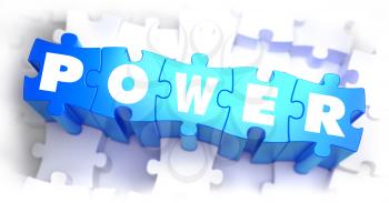 Power - Text on Blue Puzzles on White Background. 3D Render. 