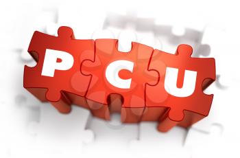 PCU - Peak Concurrent User - Text on Red Puzzles with White Background. 3D Render.