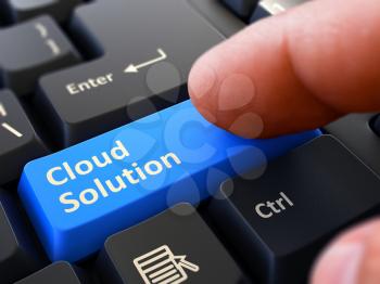 Cloud Solution Concept. Person Click on Blue Keyboard Button. Selective Focus. Closeup View.
