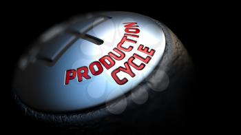 Production Cycle - Red Text on Black Gear Shifter with Leather Cover. Close Up View. Selective Focus.