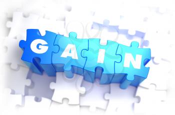 Gain - White Word on Blue Puzzles on White Background. 3D Illustration.