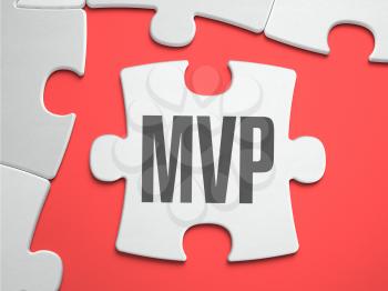 MVP - Marketing Viable Perspective - Text on Puzzle on the Place of Missing Pieces. Scarlett Background. Close-up. 3d Illustration.