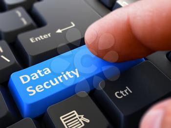 Data Security Concept. Person Click on Blue Keyboard Button. Selective Focus. Closeup View.
