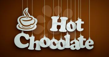 Hot Chocolate - the Word of the White Letters and Silhouette of Cup Hanging on the Ropes on a Brown Background.
