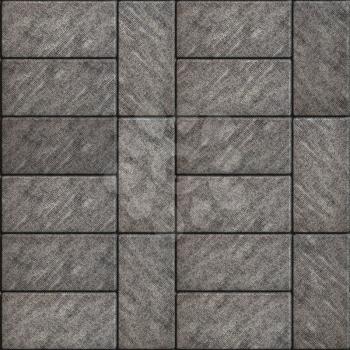 Rectangular Grey Scuffed Paving Slabs laid Parallel and Perpendicular. Seamless Tileable Texture.