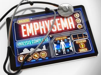 Emphysema - Diagnosis on the Display of Medical Tablet and a Black Stethoscope on White Background.