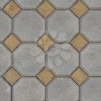 Tiles Laid out of Large Gray Polygons and Small Yellow Squares in the Corners. Seamless Tileable Texture.