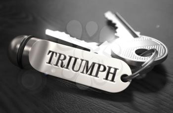 Triumph Concept. Keys with Keyring on Black Wooden Table. Closeup View, Selective Focus, 3D Render. Black and White Image.
