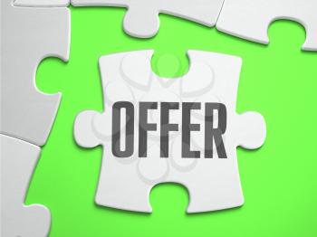 Offer - Jigsaw Puzzle with Missing Pieces. Bright Green Background. Close-up. 3d Illustration.