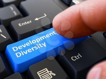 Development Diversity Concept. Person Click on Blue Keyboard Button. Selective Focus. Closeup View.