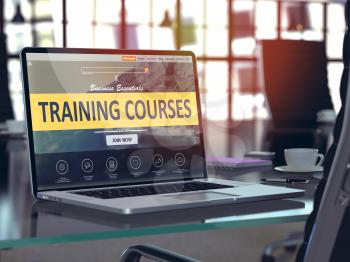 Training Courses Concept. Closeup Landing Page on Laptop Screen  on background of Comfortable Working Place in Modern Office. Blurred, Toned 3d Illustration.