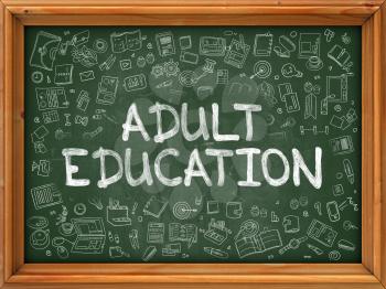 Adult Education - Hand Drawn on Green Chalkboard with Doodle Icons Around. Modern Illustration with Doodle Design Style.