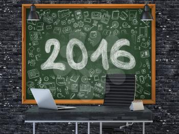 Hand Drawn 2016 on Green Chalkboard. Modern Office Interior. Dark Brick Wall Background. Business Concept with Doodle Style Elements. 3D.