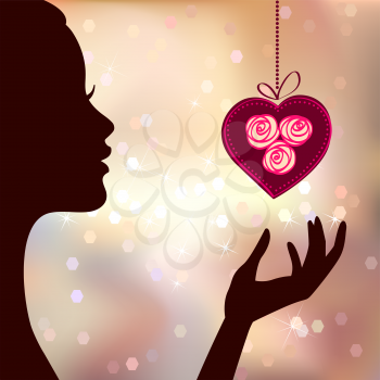 Valentine's day card. Vector background with girl and heart