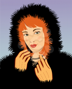 young beautiful woman in a black fur coat vector illustration