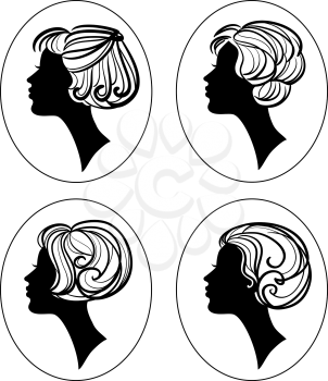 set of four beautiful woman silhouette with stylish hairstyle vector illustration