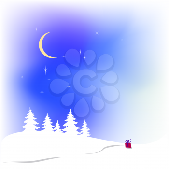 Snow christmas vector landscape  background  with tree, gift, moon and stars